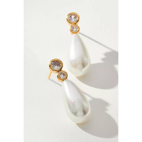 Anthropologie Pearl Drop Earrings With Rhinestone Detailing - Picture 1 of 1
